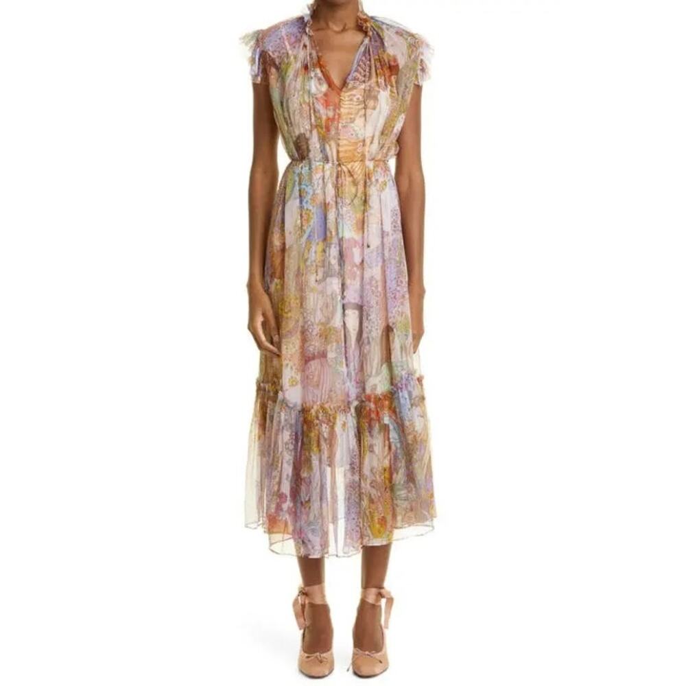 ZIMMERMANN Kaleidoscope Flutter Midi Dress Zodiac Girls Silk Colorful US 8